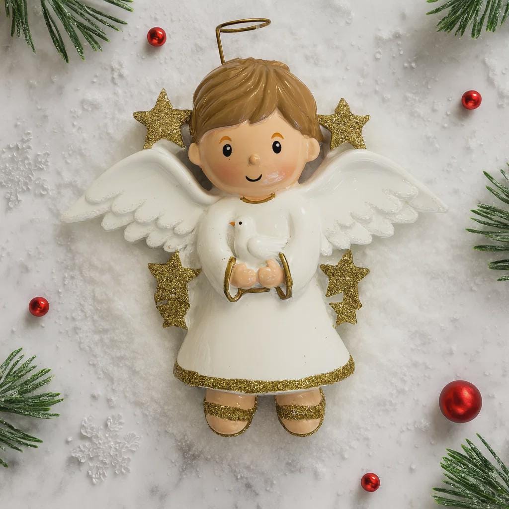 Decorative angel ornament with wings and halo on a snowy background with Christmas decorations.