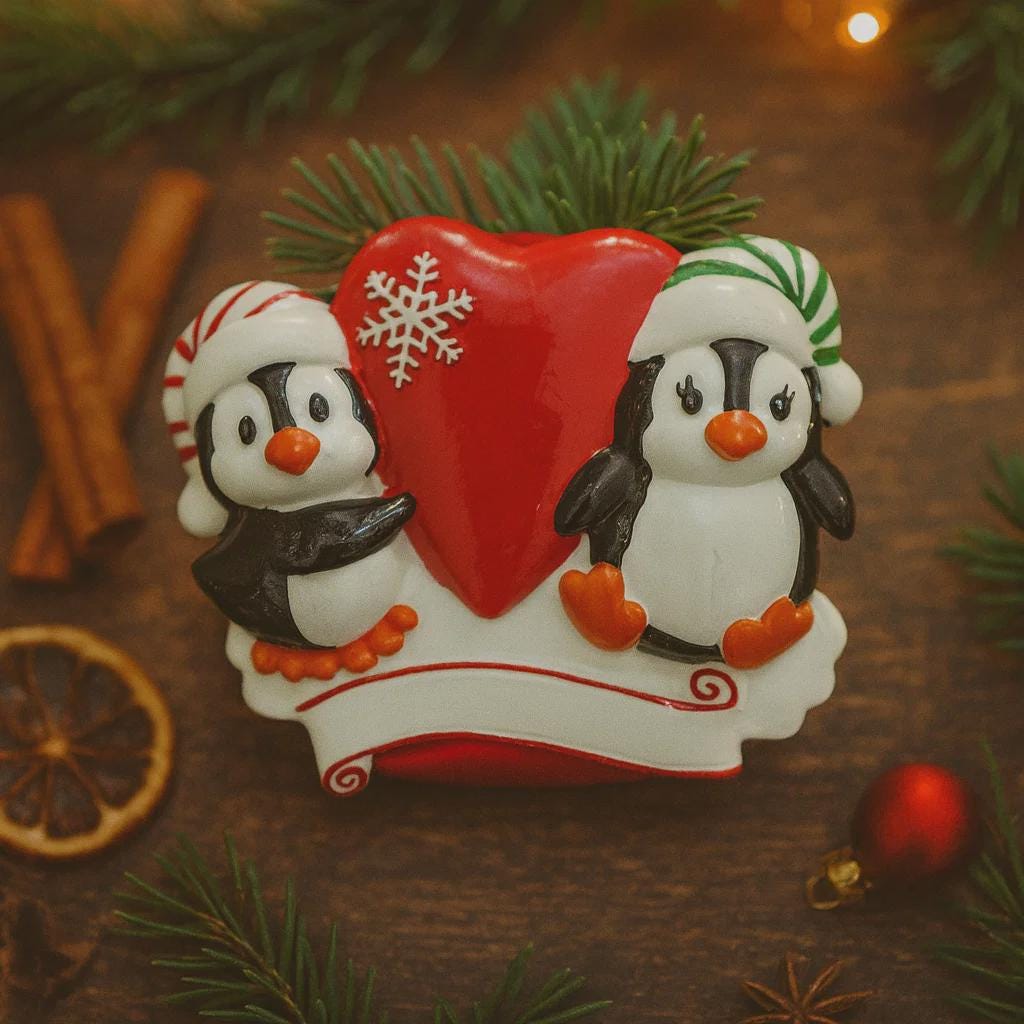 Decorative Christmas ornament with two penguins holding a heart on a wooden surface with festive decorations.
