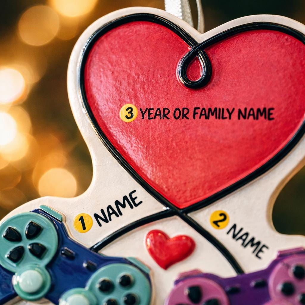 Gamer themed Christmas ornament featuring two game controllers connected with a heart design. Personalized with two custom names and a year or family name displayed on the ornament. Raised 3D details add texture and depth making it a unique holiday keepsake for gamer couples and gaming partners.