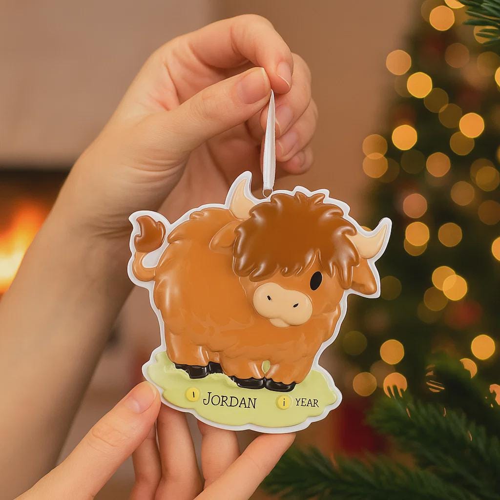 Adorable Highland cow themed Christmas ornament featuring a fluffy brown cow design with soft rounded details and a warm countryside feel. Styled in a natural green meadow setting, this ornament is designed to be personalized and brings a cozy farm inspired charm to holiday tree decor.
