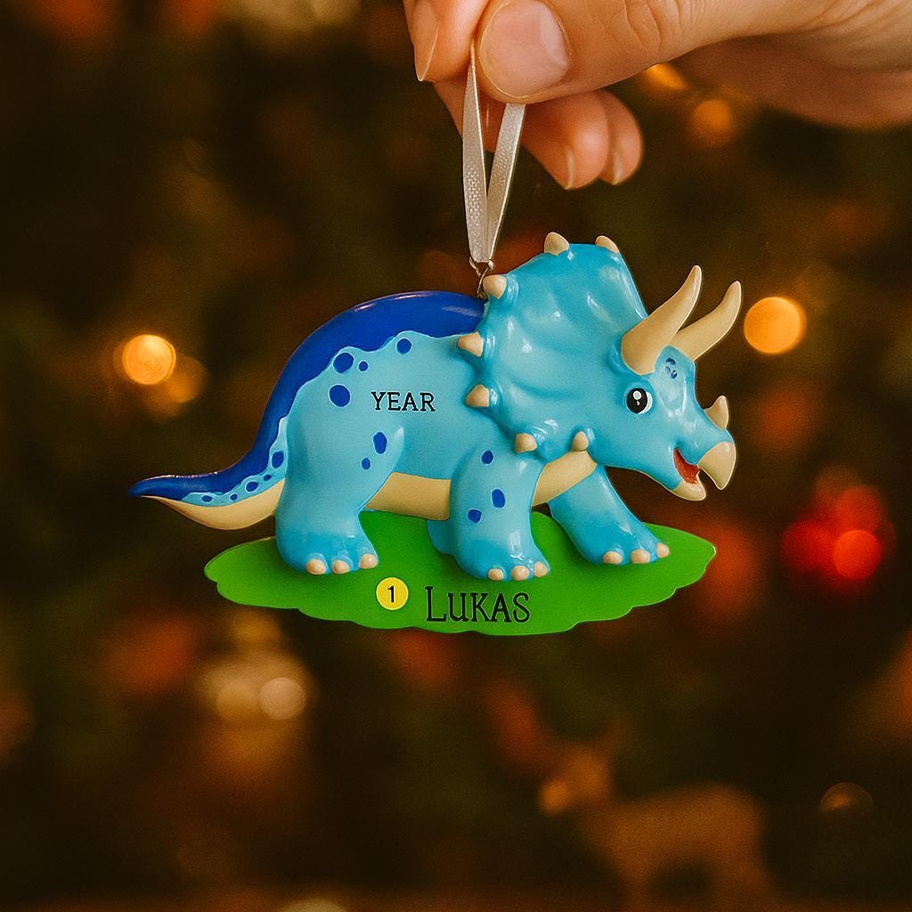 Blue Triceratops Personalized  Ornament | Custom Dinosaur Christmas Gift for Kids | Prehistoric Holiday Decoration