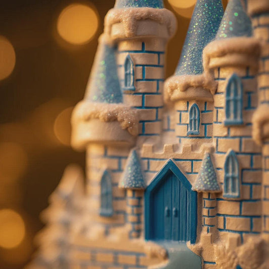 ornament of a castle with blue doors and turrets against a blurred warm-toned background