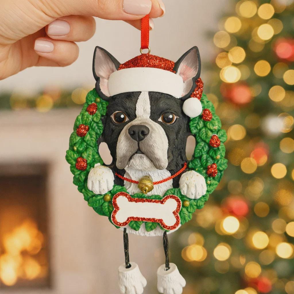 Dog Christmas ornament in a wreath with a Santa hat against a festive background