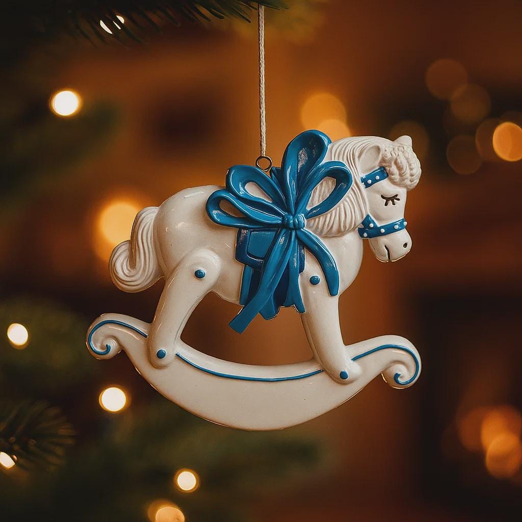 Decorative rocking horse ornament with a blue bow on a blurred Christmas tree background.