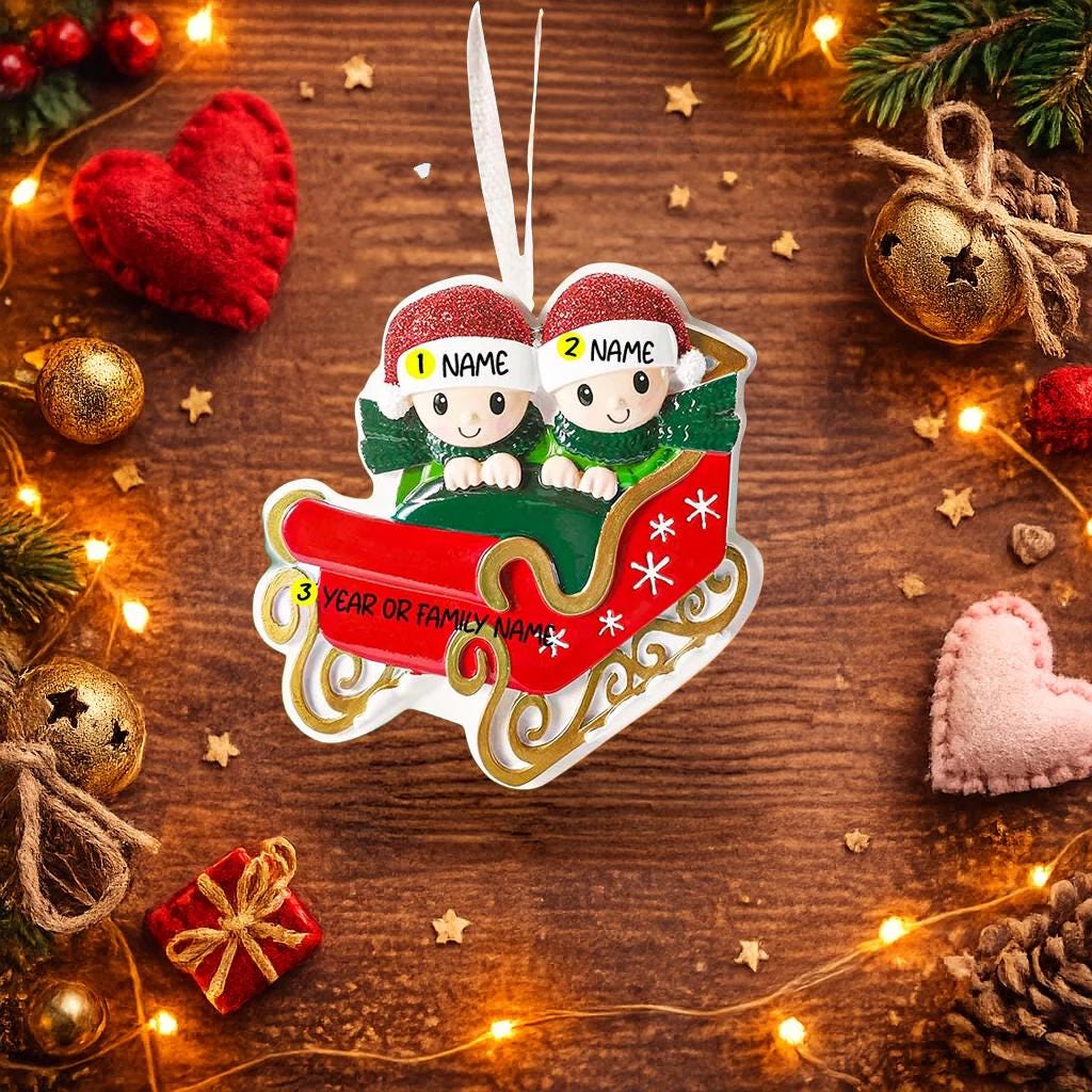 Personalized couple ornament featuring two characters sitting together in a festive sleigh design. This romantic Christmas ornament can be customized with two names and a year or family name, making it perfect for couples, partners, spouses, fiancés, or loved ones. Ideal for celebrating love, togetherness, Valentine’s Day, anniversaries, or first holidays together. A meaningful keepsake for couples who want to turn shared moments into lasting holiday memories.
