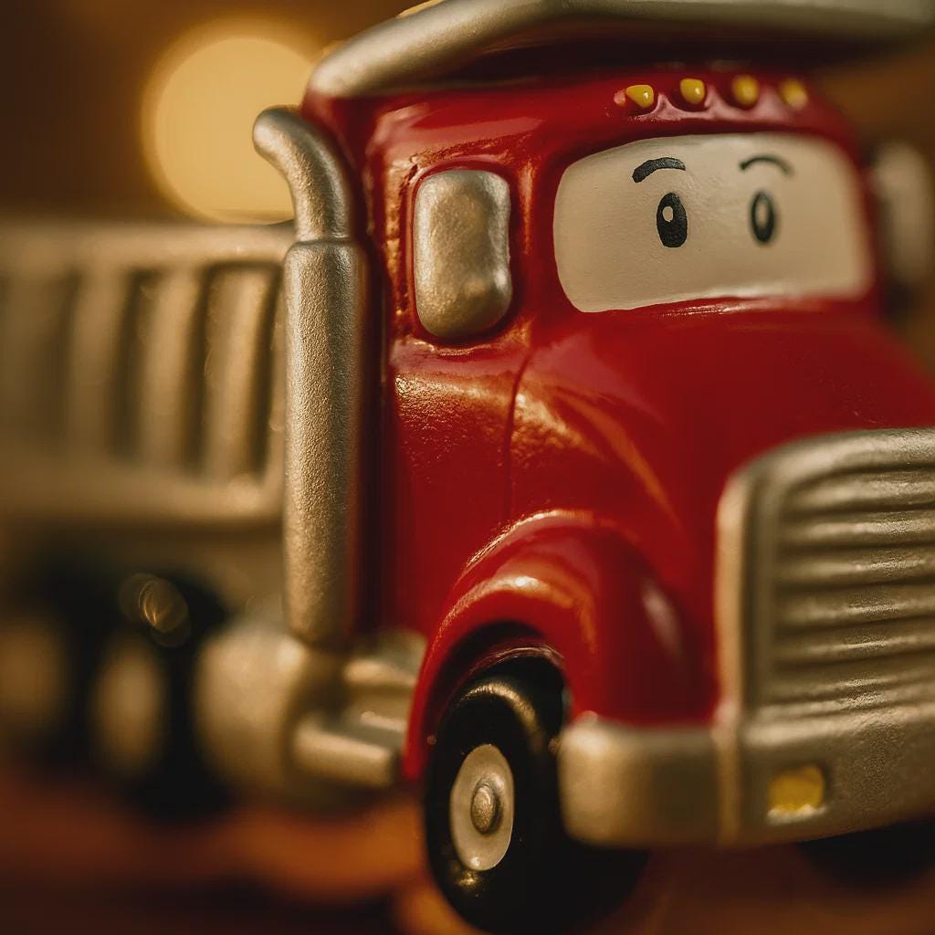Close-up of a red ornament truck with a face on a blurred background