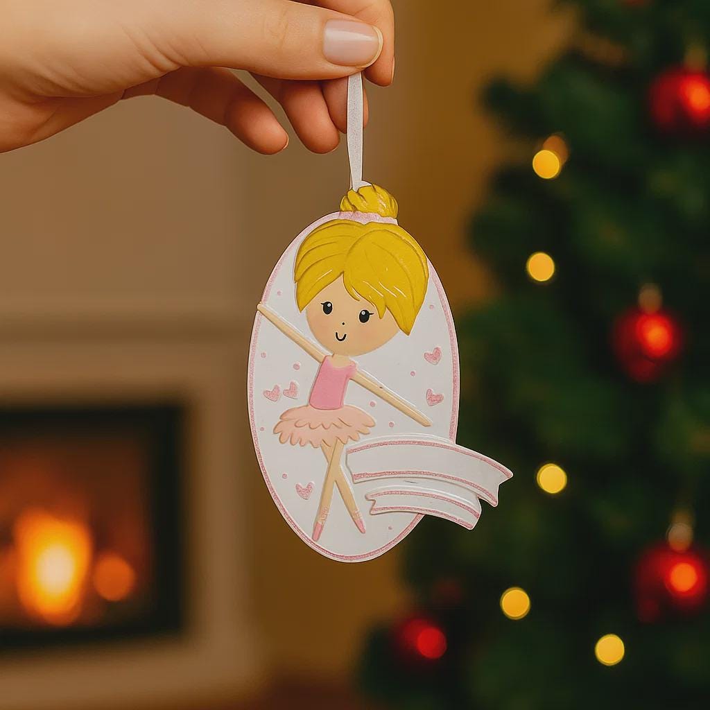 Personalized ballet girl Christmas ornament featuring a cute ballerina character in a pink tutu dress with heart details, customizable name area on the front banner and customizable year area below, glossy finish with raised 3D front details and flat 2D back, white hanging ribbon, displayed on a snowy holiday background with pine branches and festive decorations.