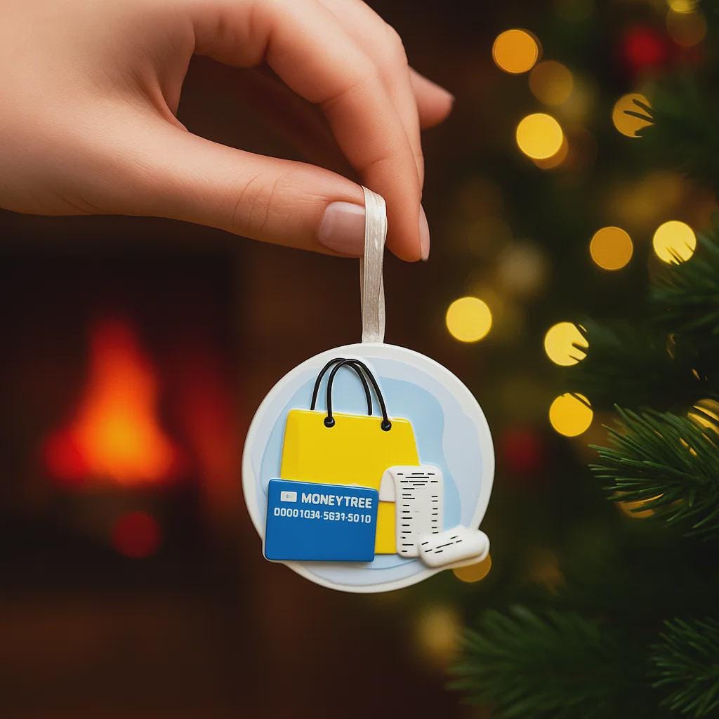 A modern money themed ornament featuring a shopping bag, a credit card detail, and a receipt element, designed to represent budgeting, spending habits, and financial milestones in a fun and playful way. The ornament showcases a raised 3D front with clean sculpted details and a glossy finish, combined with a flat 2D back for smooth and balanced hanging. Made from durable resin and presented as a clean cutout style visual, this ornament is a perfect gift choice for finance lovers, shoppers, accountants, entre