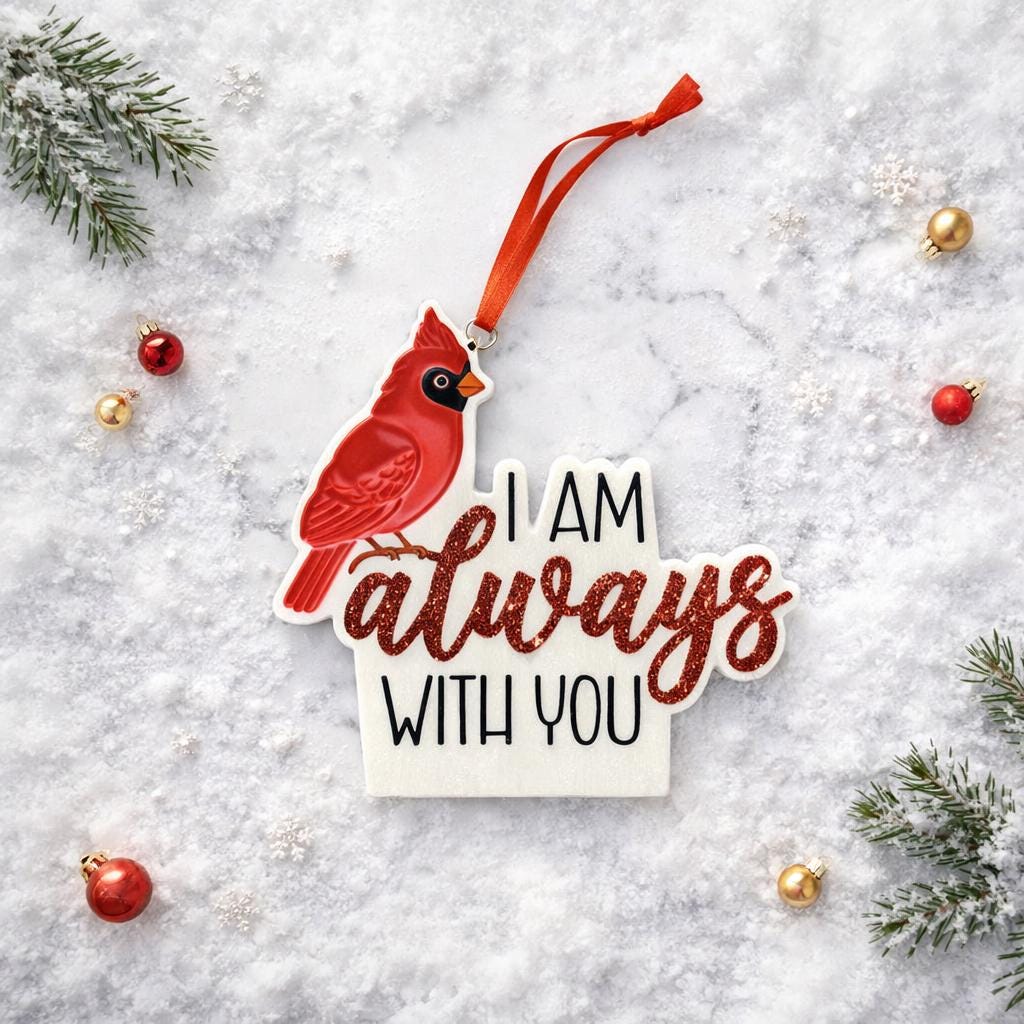 Personalized memorial cardinal ornament featuring a vibrant red cardinal bird perched above the heartfelt phrase I am always with you. Designed with a smooth glossy finish and raised 3D details, this ornament symbolizes remembrance, love, and spiritual connection. Includes free handwritten personalization with one name and year added by OrnamentLab. Styled in a warm holiday setting with soft lights and festive decor, this keepsake ornament is perfect for honoring loved ones who are forever remembered during