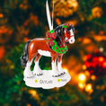 Load image into Gallery viewer, Horse Christmas ornament with wreath and 'custom' text against a blurred festive background
