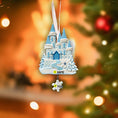 Load image into Gallery viewer, Decorative Christmas ornament of a castle with customizable text, against a blurred festive background.
