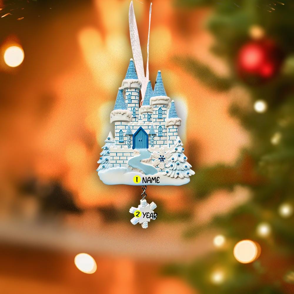 Decorative Christmas ornament of a castle with customizable text, against a blurred festive background.