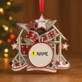 Load image into Gallery viewer, Personalized drum set ornament featuring a detailed red and silver drum kit with cymbals and star accents. Customizable with one name and a year. Crafted from resin with a glossy finish, featuring 3D raised front drum elements and a flat 2D back for balanced hanging. Finished with a satin ribbon. Designed for drummers musicians band members and music themed Christmas tree decor.
