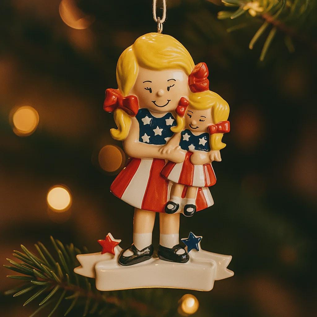 Decorative Christmas ornament of a girl holding a smaller figure, both wearing American flag-themed outfits, hanging on a tree.