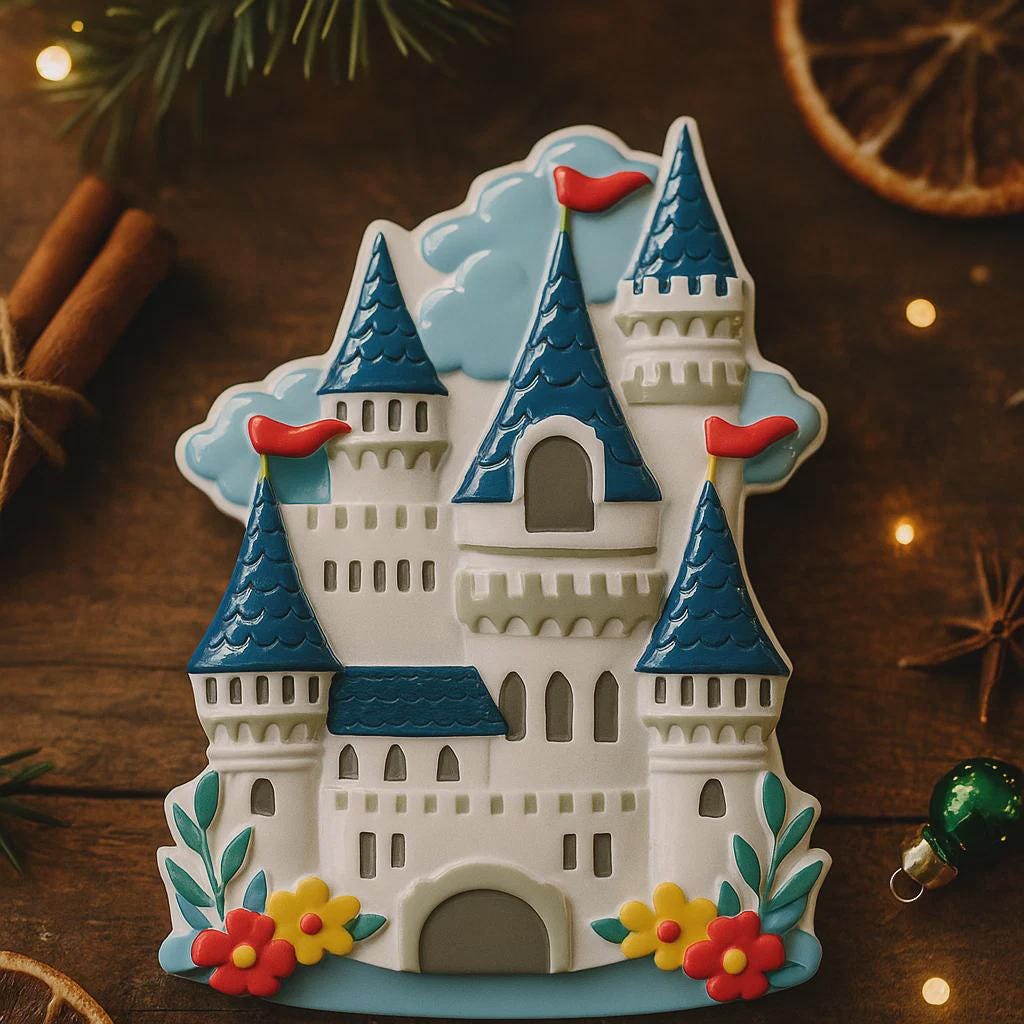 Personalized Princess Castle Christmas Ornament featuring a charming white fairytale castle with blue rooftops and red flags, surrounded by colorful floral details. Customizable with name at the base and year on the castle front, this magical princess castle ornament is perfect for celebrating a special little girl. 