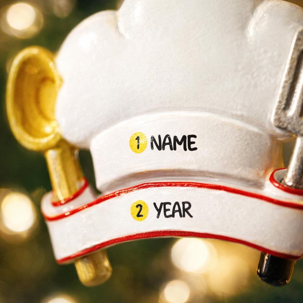 Personalized chef Christmas ornament featuring a white chef hat design with a wooden spoon and metal spatula details. Customized with a name and year on the front banner. Glossy resin finish with clean white and red accents creates a fun and professional cooking themed holiday look. Mostly 2D ornament with raised 3D details on the front only, lightweight and perfect for Christmas tree decor or kitchen themed gifts.