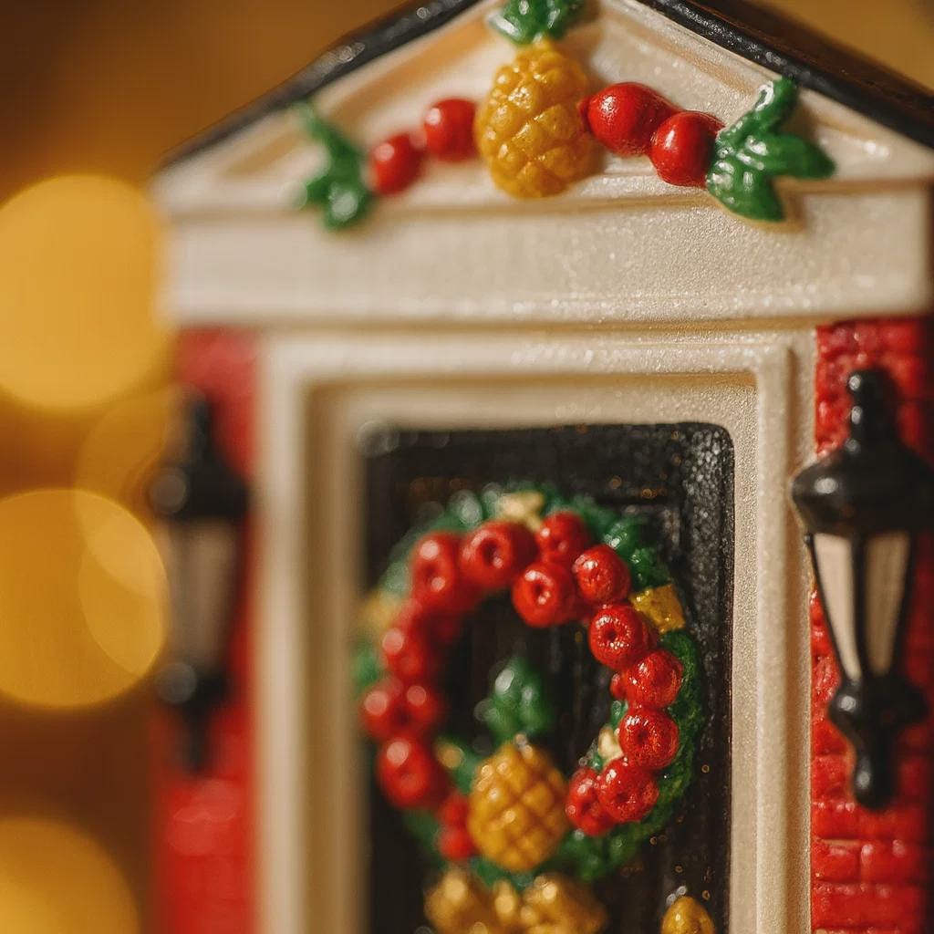 Decorative Christmas-themed door with wreath and pinecones, blurred lights in the background