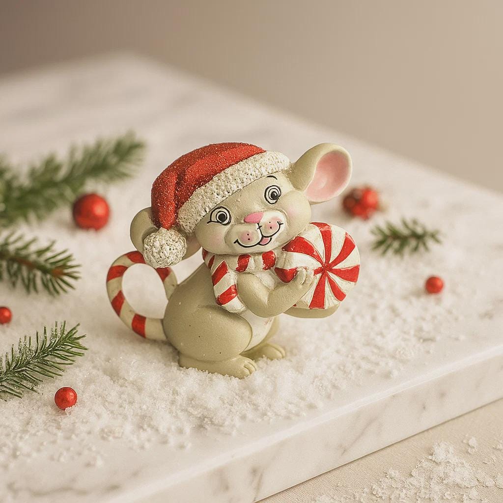 Decorative figurine of a mouse in a Santa hat with candy canes on a snowy surface with Christmas decorations.
