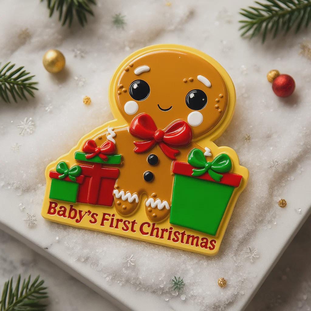 Gingerbread man ornament with 'Baby's First Christmas' text on a decorative surface with Christmas decorations.