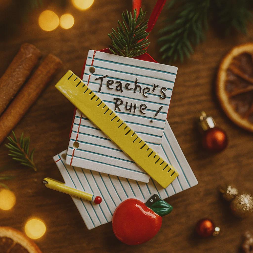 Decorative ornament shaped like paper book with a ruler, pen, and red apple on a green background with Christmas elements.