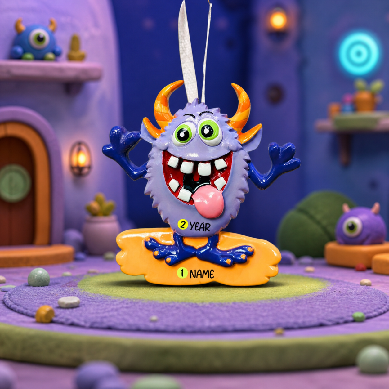 purple monster ornament with monster theme room