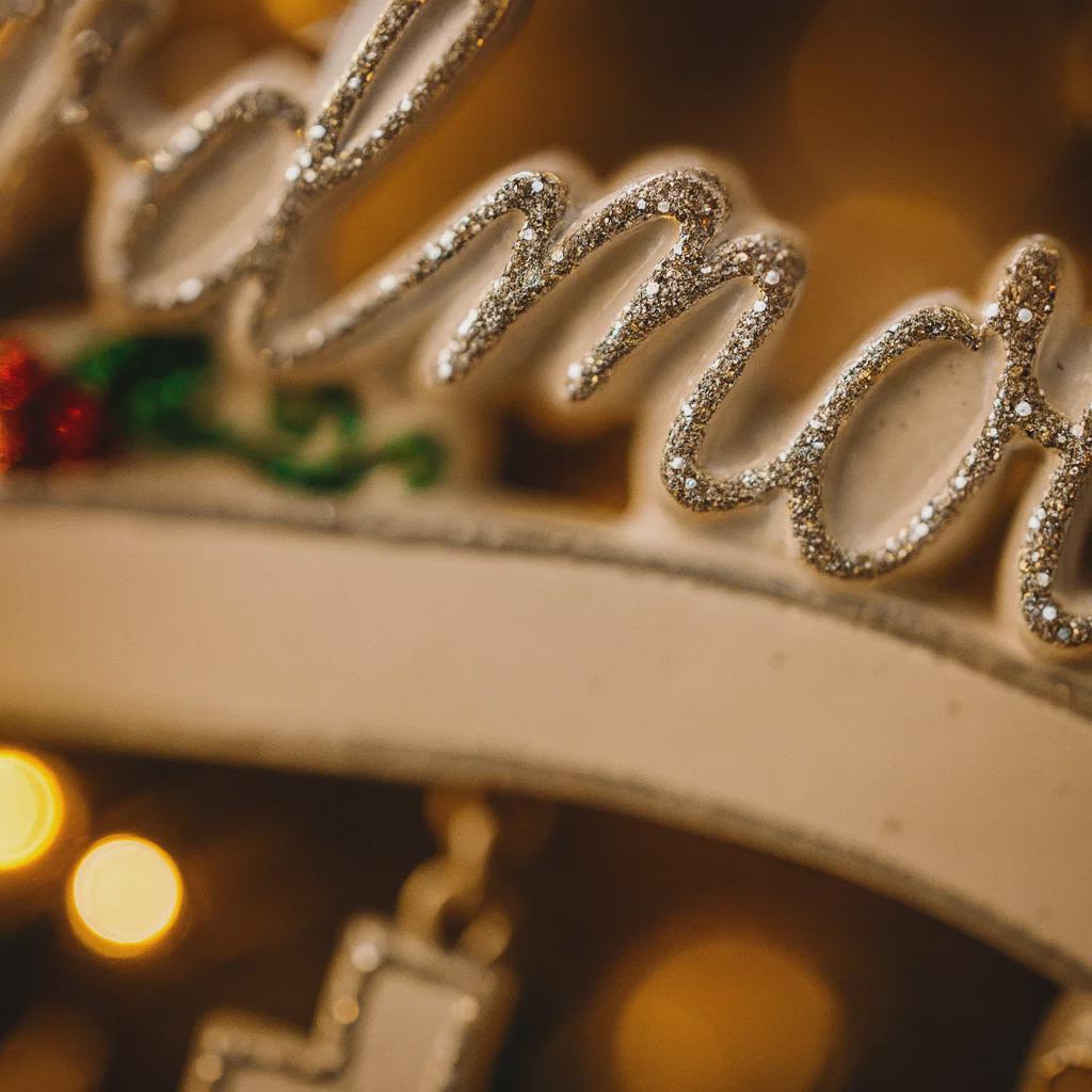 Decorative Christmas ornament with 'Mistletoe' text and blurred lights in the background