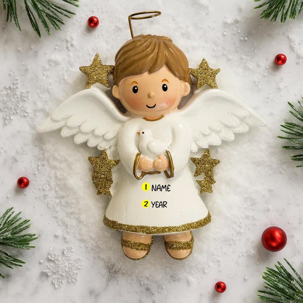 Angel ornament with customizable name and year on a snowy background
