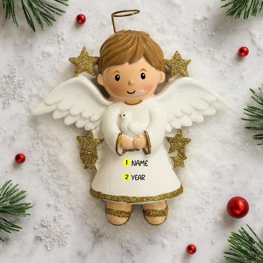 Angel ornament with customizable name and year on a snowy background