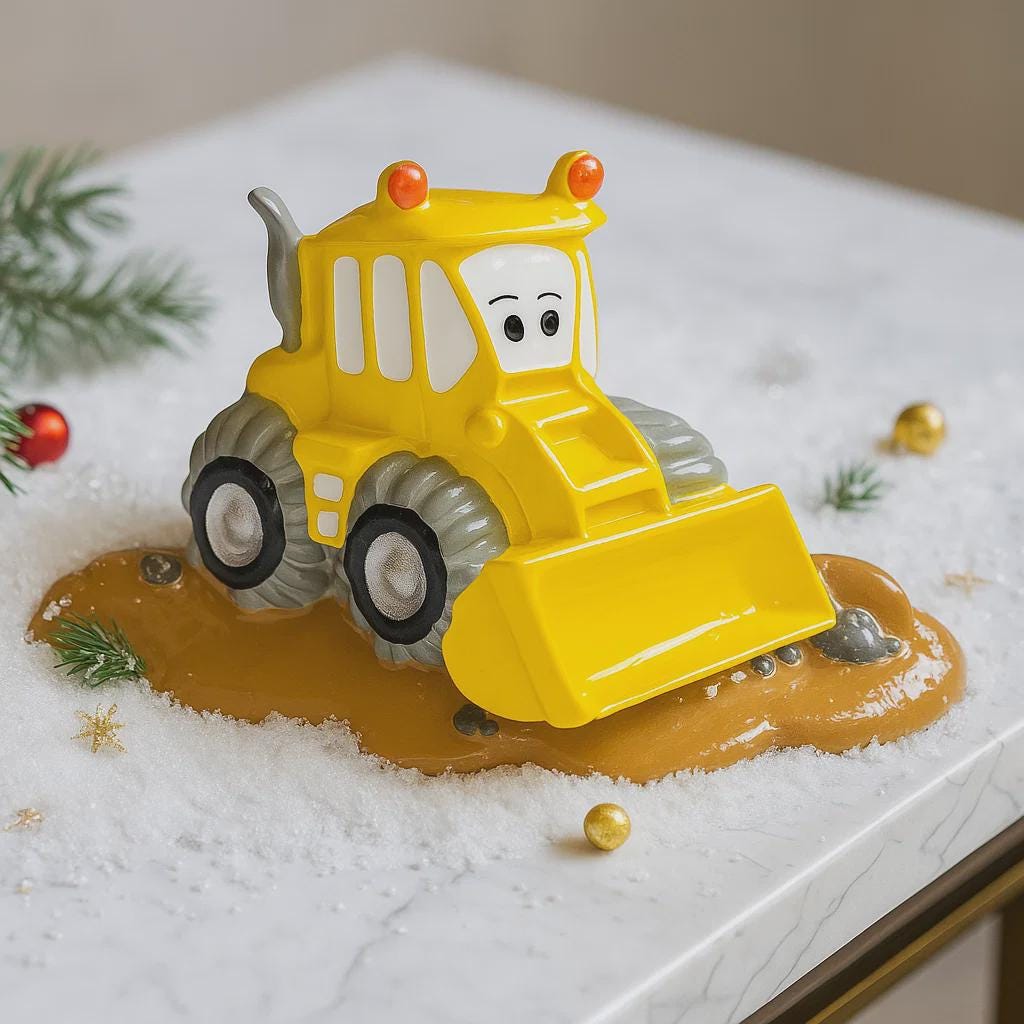 Toy bulldozer with a face on a snowy surface with Christmas decorations.