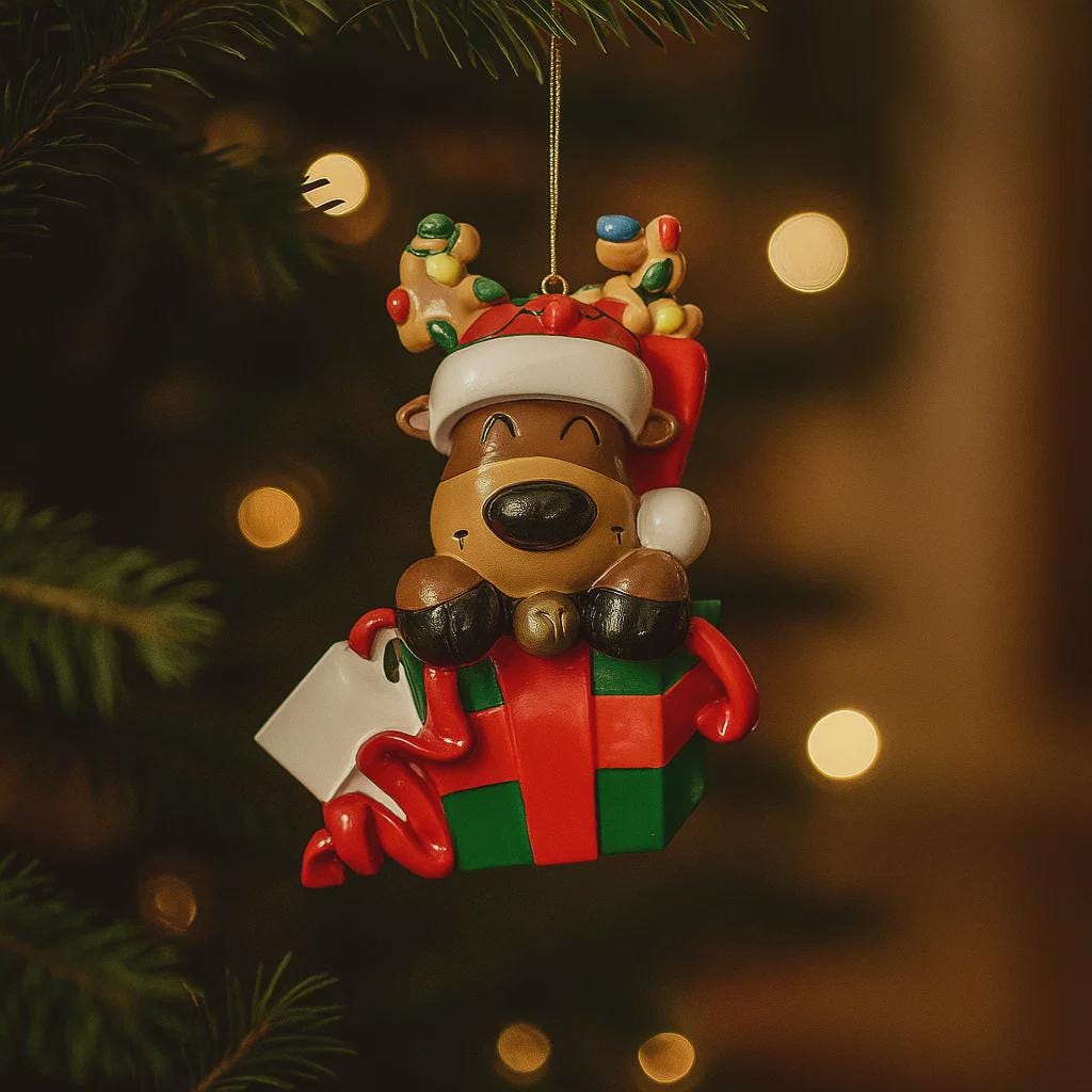 Christmas ornament of a reindeer with a gift and Santa hat on a blurred Christmas tree background.