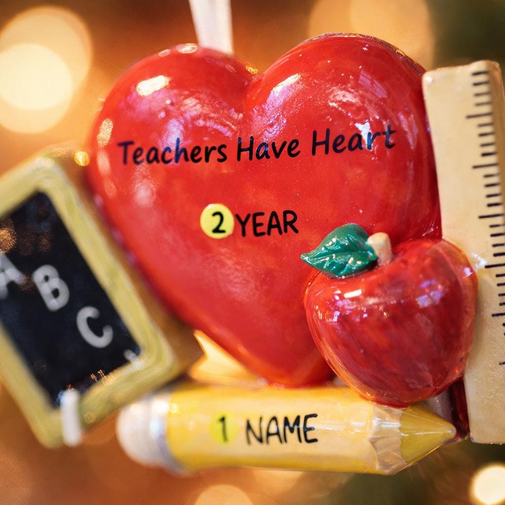 Decorative ornament shaped like a heart with educational elements on a green background with snowflakes and teacher Christmas ornament