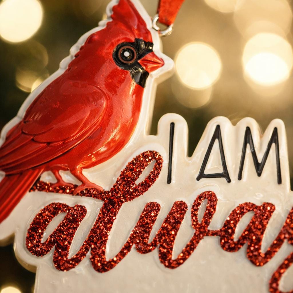 Personalized memorial cardinal ornament featuring a vibrant red cardinal bird perched above the heartfelt phrase I am always with you. Designed with a smooth glossy finish and raised 3D details, this ornament symbolizes remembrance, love, and spiritual connection. Includes free handwritten personalization with one name and year added by OrnamentLab. Styled in a warm holiday setting with soft lights and festive decor, this keepsake ornament is perfect for honoring loved ones who are forever remembered during