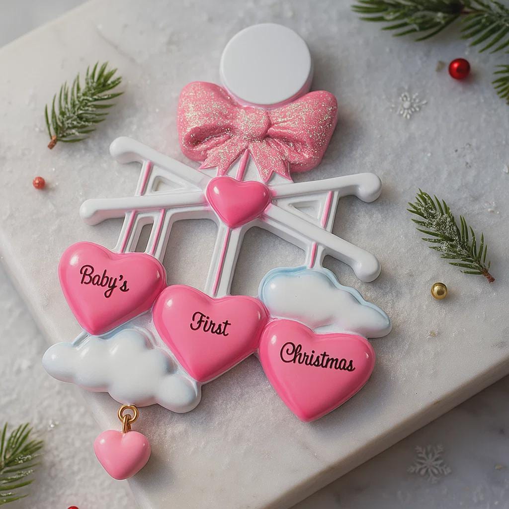 Personalized Baby Girl First Christmas Ornament featuring a dimensional 3D front design with pink glitter bow, heart charms, and hanging cloud detail. The baby’s name is added on the top circle and the year on the cloud, creating a meaningful keepsake. Soft pink tones, layered hearts reading Baby’s First Christmas, and festive holiday accents make it perfect for newborn girl gifts, baby shower presents, and treasured Christmas tree memories.