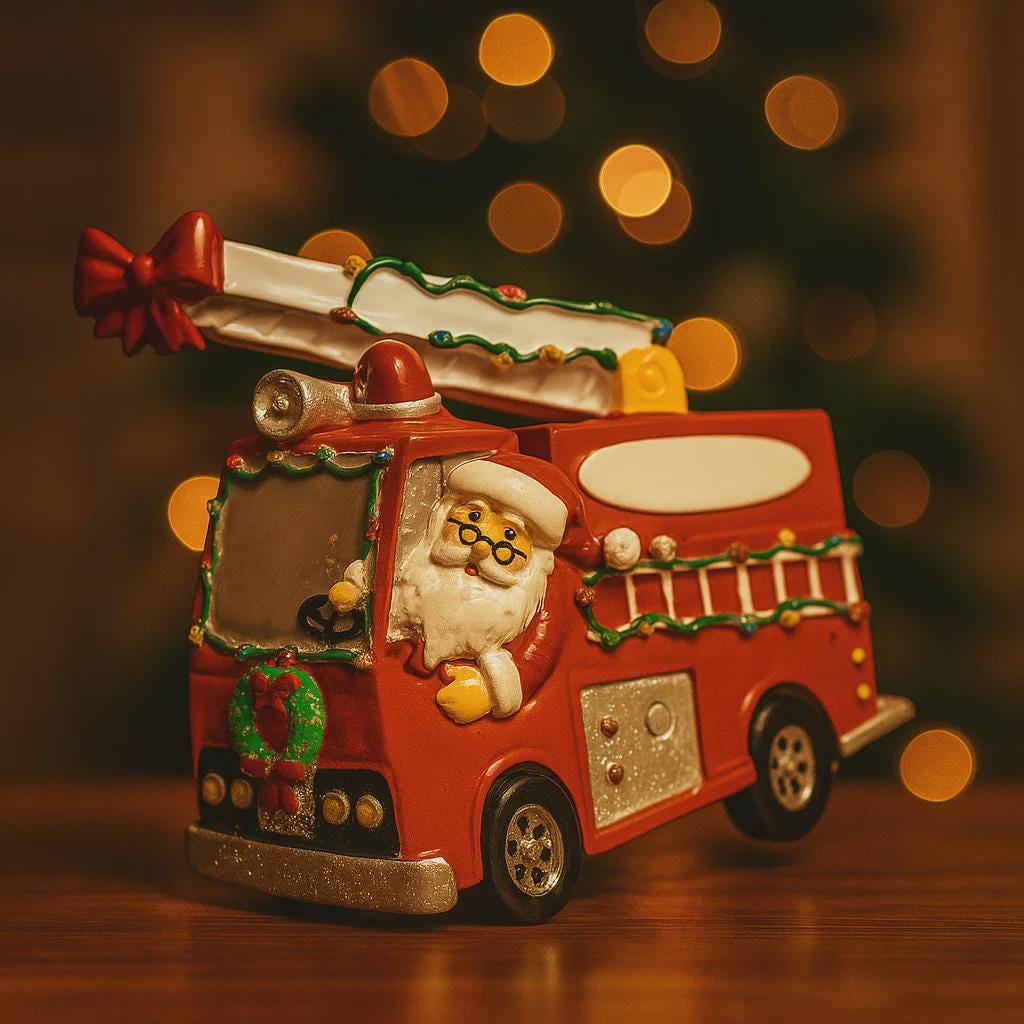 Decorative fire truck with Santa Claus figure on a wooden surface with blurred lights in the background