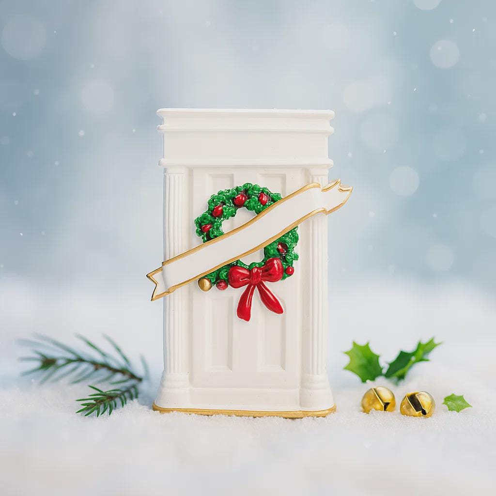 Decorative Christmas wreath with a red bow on a white pedestal against a snowy background.