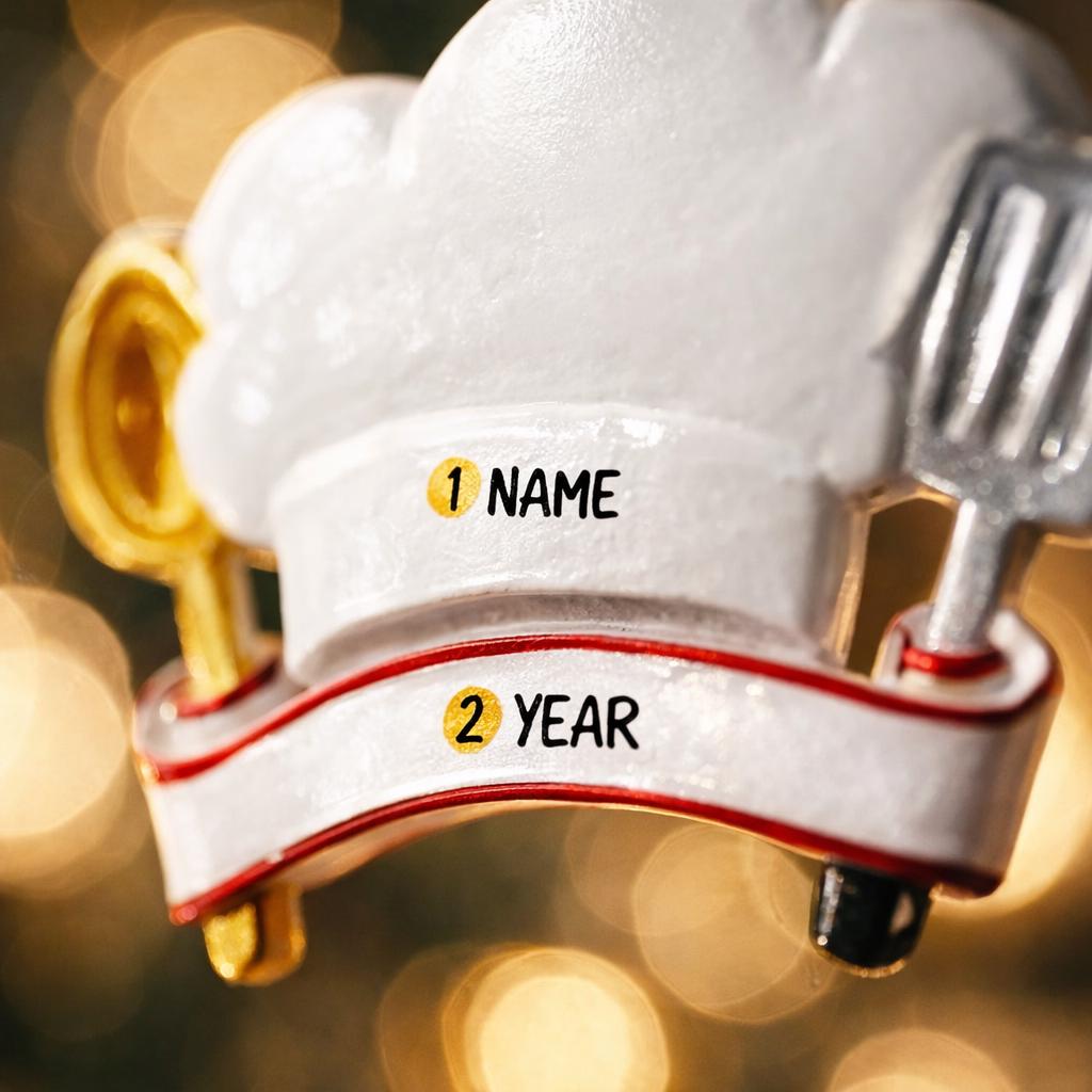 Personalized chef Christmas ornament featuring a white chef hat design with a wooden spoon and metal spatula details. Customized with a name and year on the front banner. Glossy resin finish with clean white and red accents creates a fun and professional cooking themed holiday look. Mostly 2D ornament with raised 3D details on the front only, lightweight and perfect for Christmas tree decor or kitchen themed gifts.
