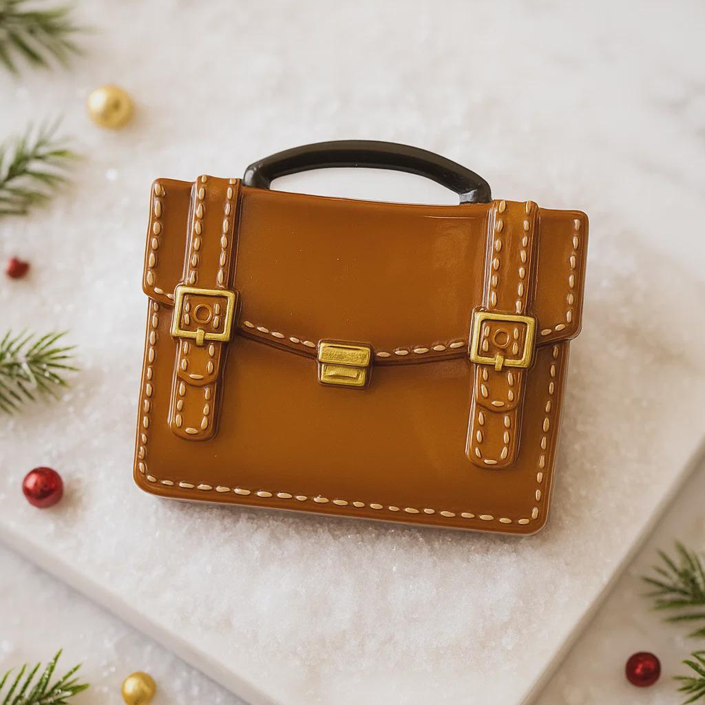 brown briefcase ornament on a green surface with Christmas decorations