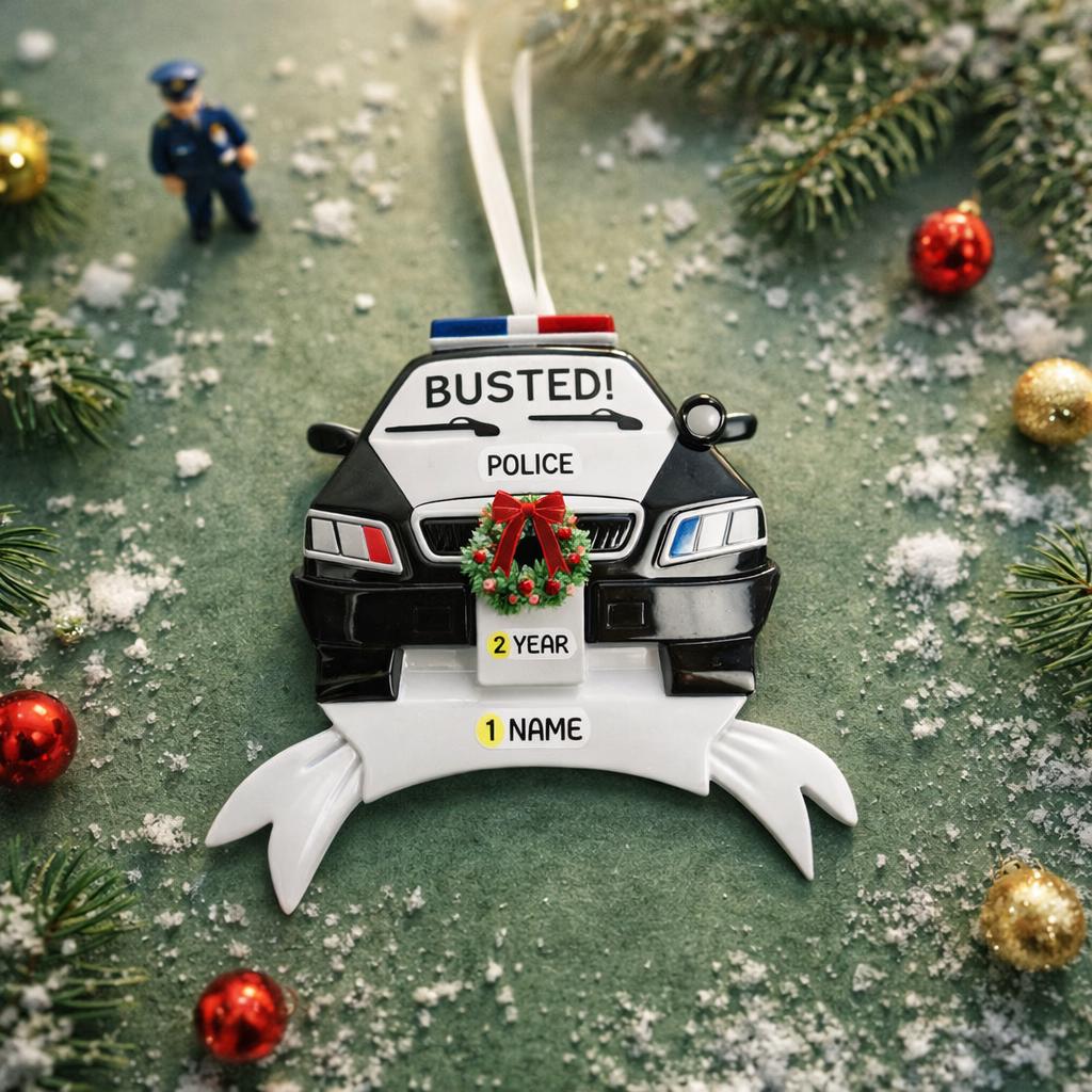 Personalized police car Christmas ornament featuring a black and white cop car design with BUSTED text, police lights and festive wreath detail. Customized with a name and year on the front banner. Glossy resin finish with bold black and white colors creates a fun and playful holiday look. Mostly 2D ornament with raised 3D details on the front only, lightweight and perfect for Christmas tree decor and police themed gifts.