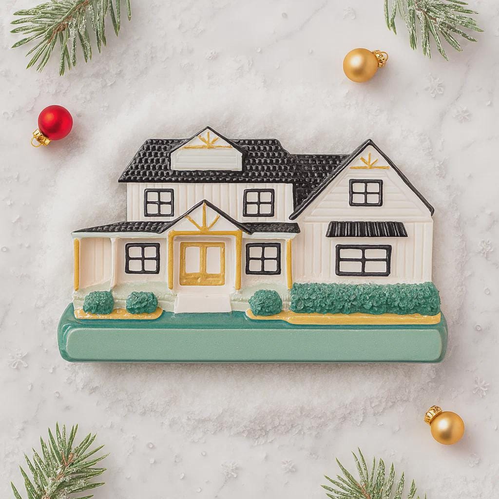 Decorative house ornament on a light gray background with Christmas decorations.