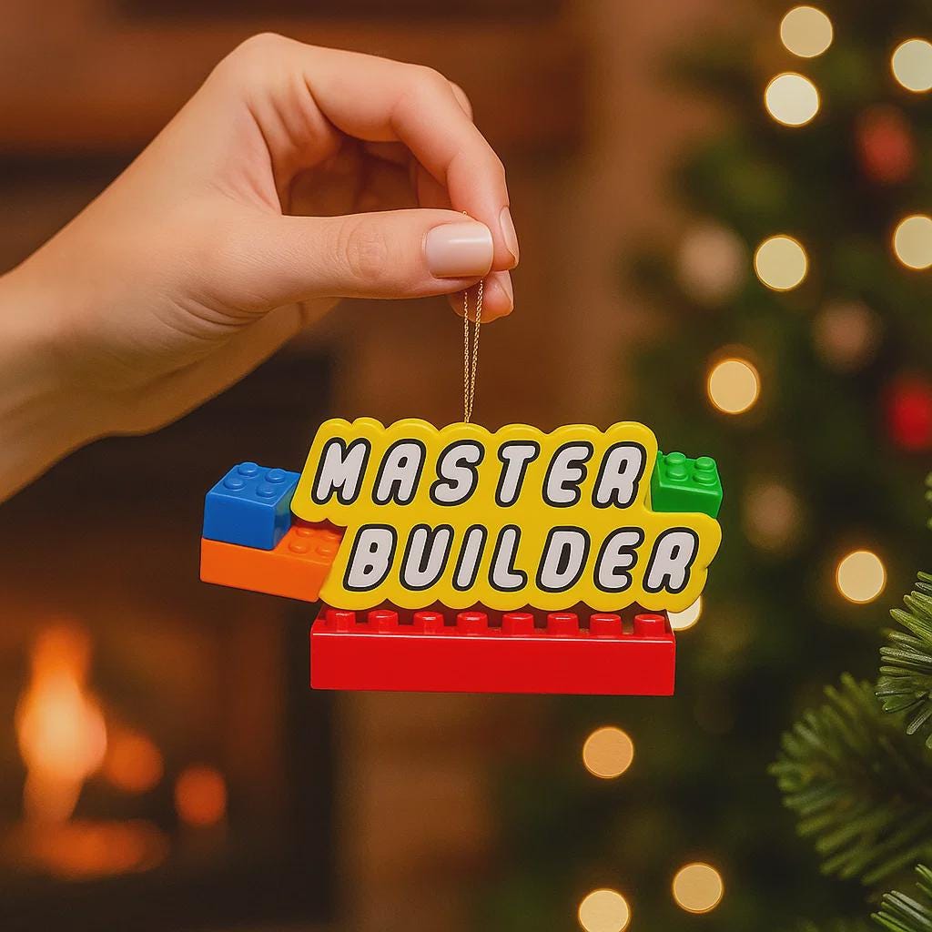 Personalized Master Builder Christmas ornament featuring a raised 3D front with colorful building block design and bold lettering. The ornament has a flat 2D back for easy hanging and durability. Bright primary colors and playful block details make it perfect for kids who love building toys. Personalization includes name and year, added by hand, making it a fun and meaningful holiday keepsake for children and young builders.