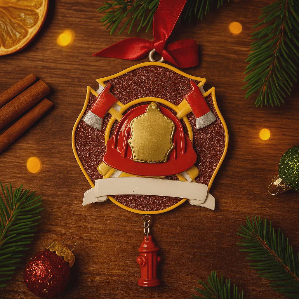 Decorative Christmas ornament with a fireman's helmet and axe design on a wooden surface with festive elements.