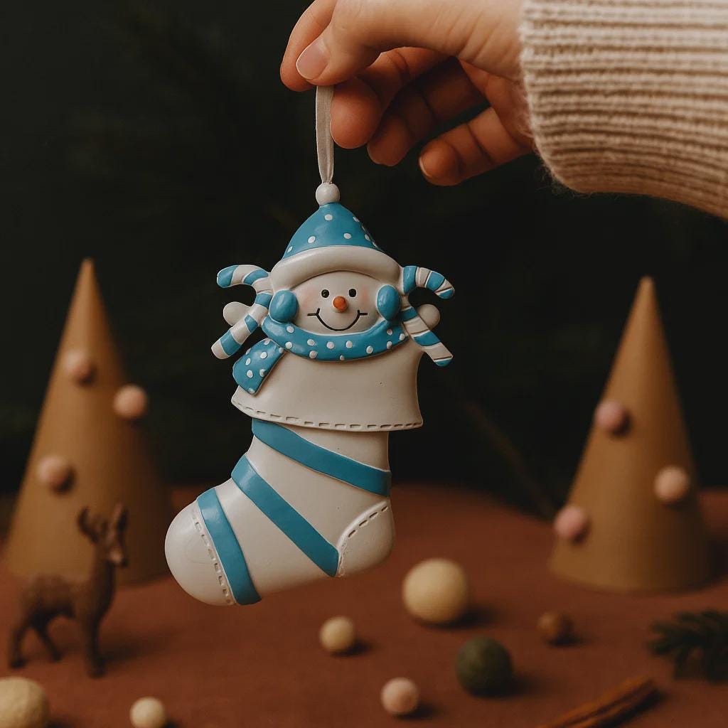 Decorative snowman ornament with blue accents held by a hand against a dark background.