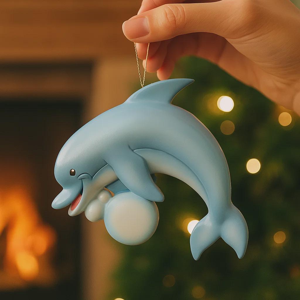 Personalized dolphin Christmas ornament with custom name and year, cute ocean themed holiday tree decoration