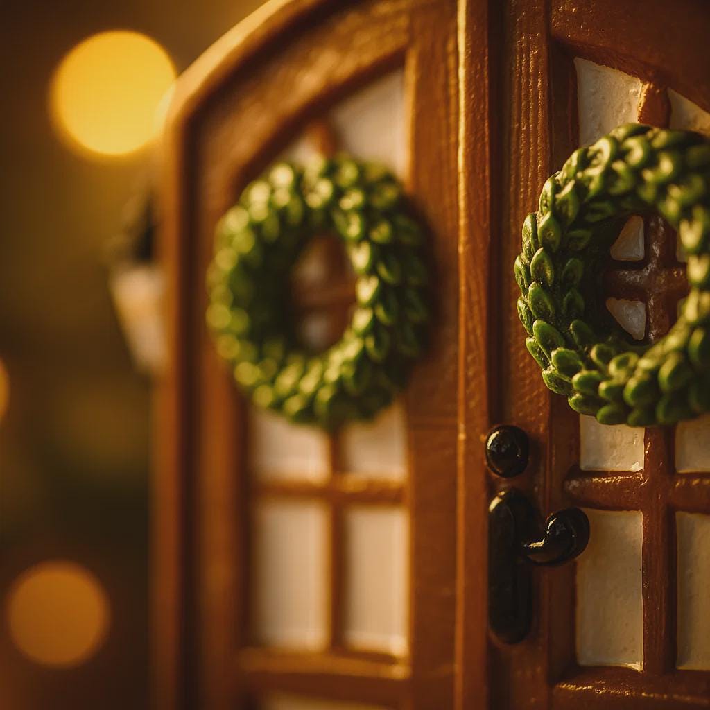 Wooden door with green wreaths and a blurred warm background