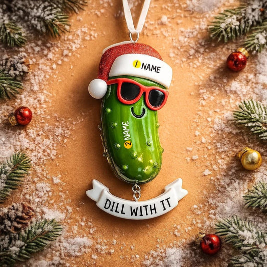 Christmas pickle ornament with sunglasses and Santa hat on a decorative background