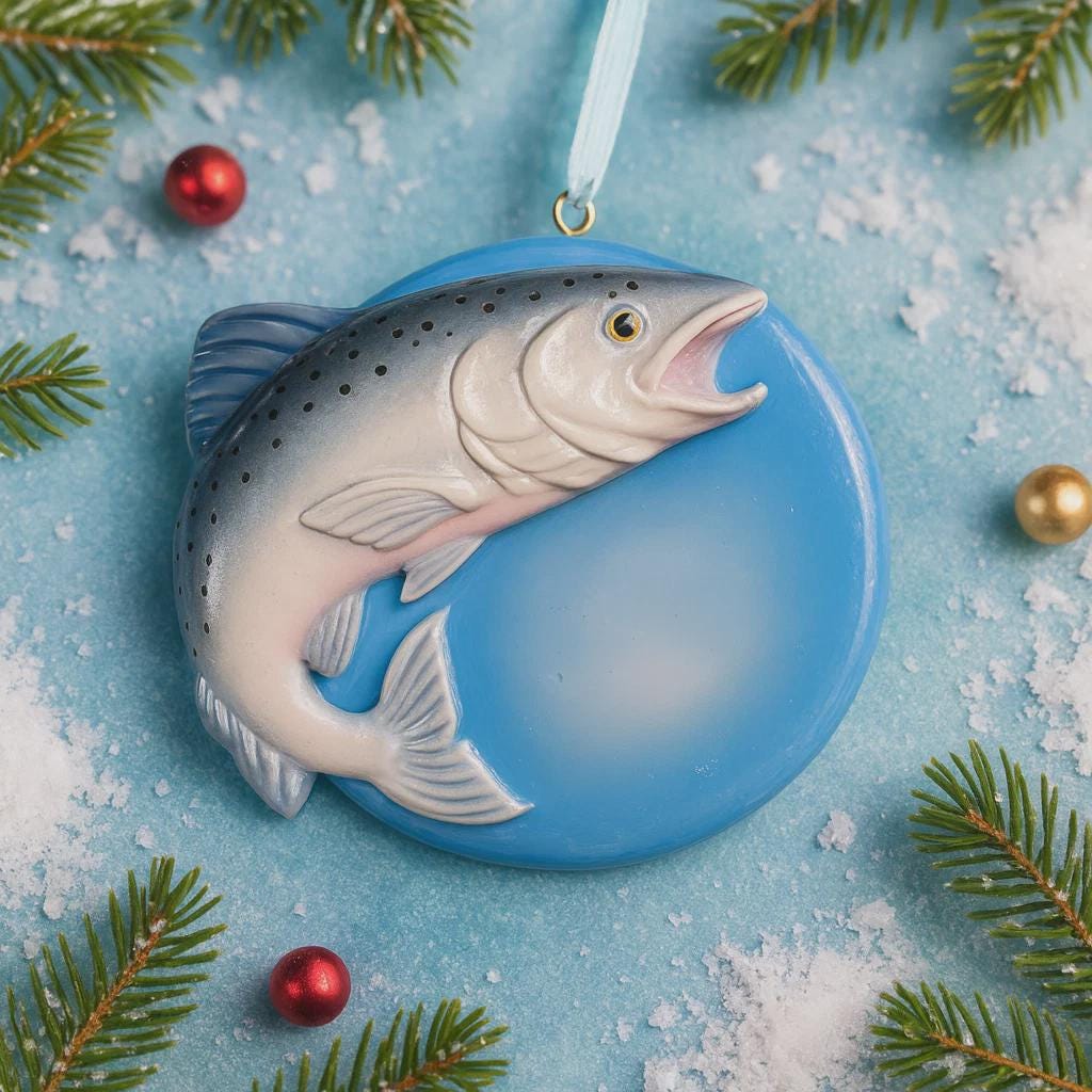 Fish-shaped Trout  ornament on a blue background with Christmas decorations