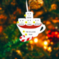 Load image into Gallery viewer, Personalized Christmas ornament shaped like a teacup with marshmallows on a festive background.
