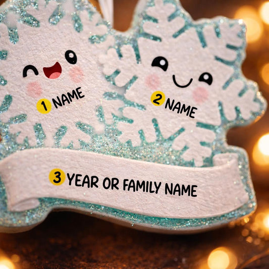 Personalized snowflake couple ornament featuring two smiling snowflakes, customized with two names and a year or family name. A perfect Christmas keepsake for couples, partners, siblings, or loved ones celebrating winter memories together. This festive ornament adds a playful and heartfelt touch to holiday decor, making it a meaningful gift for Christmas, anniversaries, or winter celebrations.
