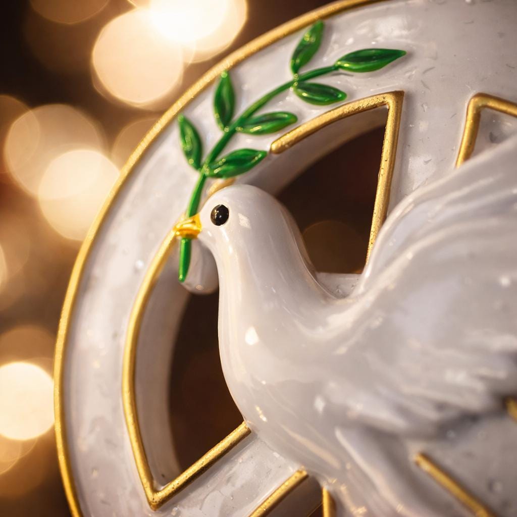 Decorative emblem with a dove holding an olive branch on a blurred background