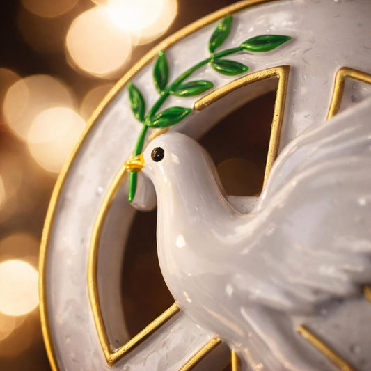 Decorative emblem with a dove holding an olive branch on a blurred background